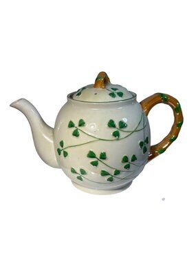 Erin China Teapot With Lid Green Shamrock Design Bamboo Style Handle  Ireland